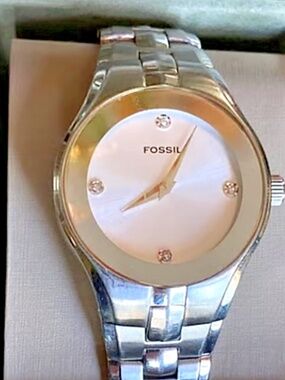 Fossil Arkitekt Stainless Steel Watch MOP Dial Crystal :box/New Battery Uni Sex.